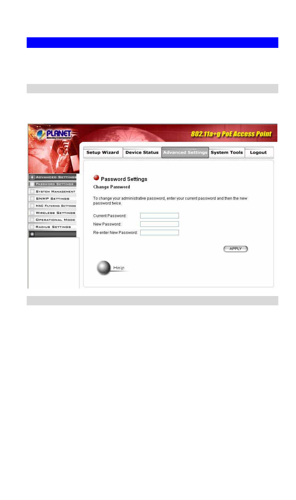 5 advanced settings, 1 password settings, 2 system management | Planet Technology WDAP-2000PE User Manual | Page 19 / 53