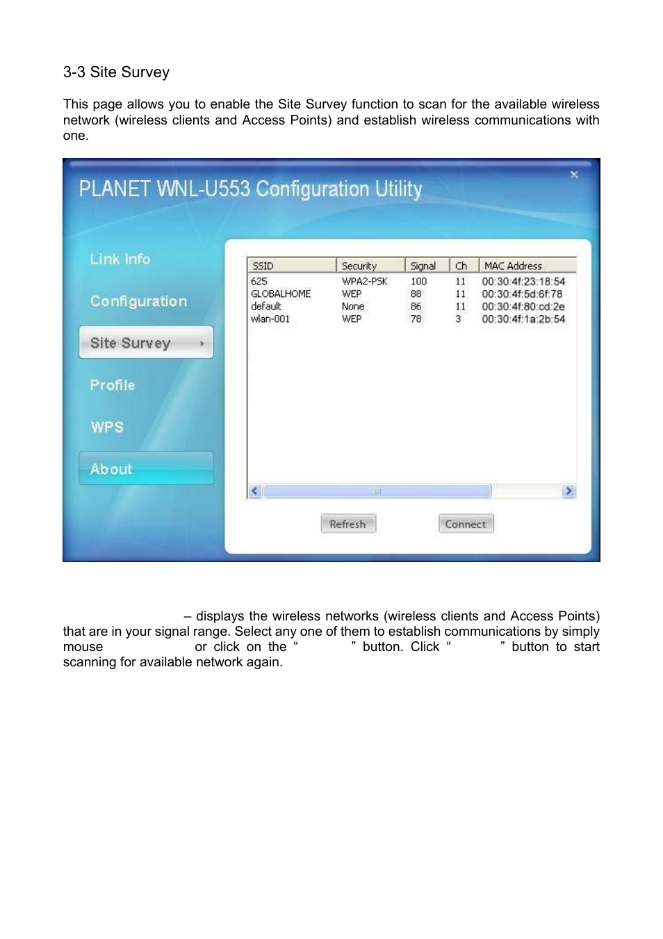 3 site survey, Urvey | Planet Technology Wireless USB Adapter WNL-U553 User Manual | Page 15 / 24