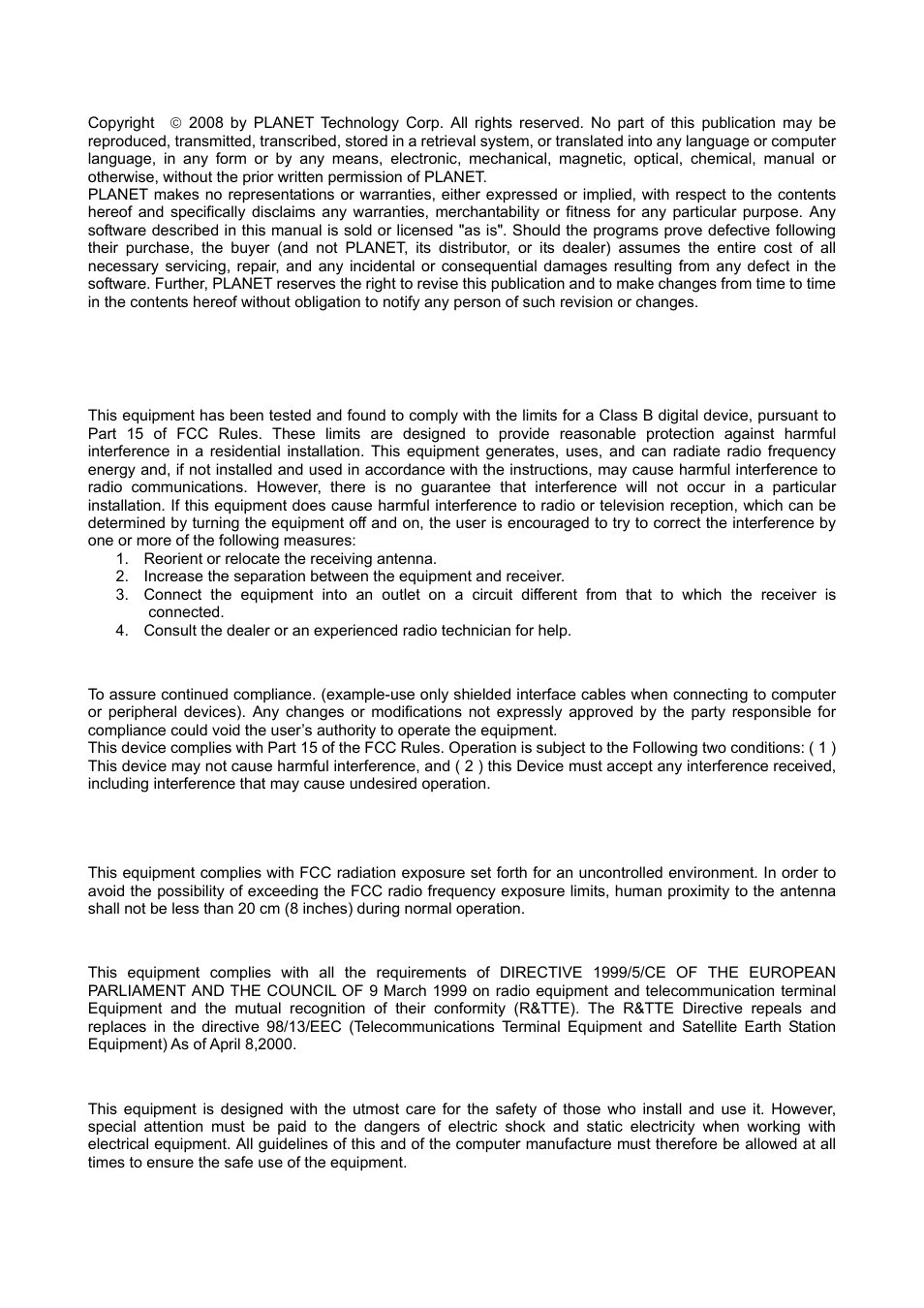 Copyright, Fcc caution, R&tte compliance statement | Safety, Eu countries intended for use | Planet Technology Wireless USB Adapter WNL-U553 User Manual | Page 2 / 24