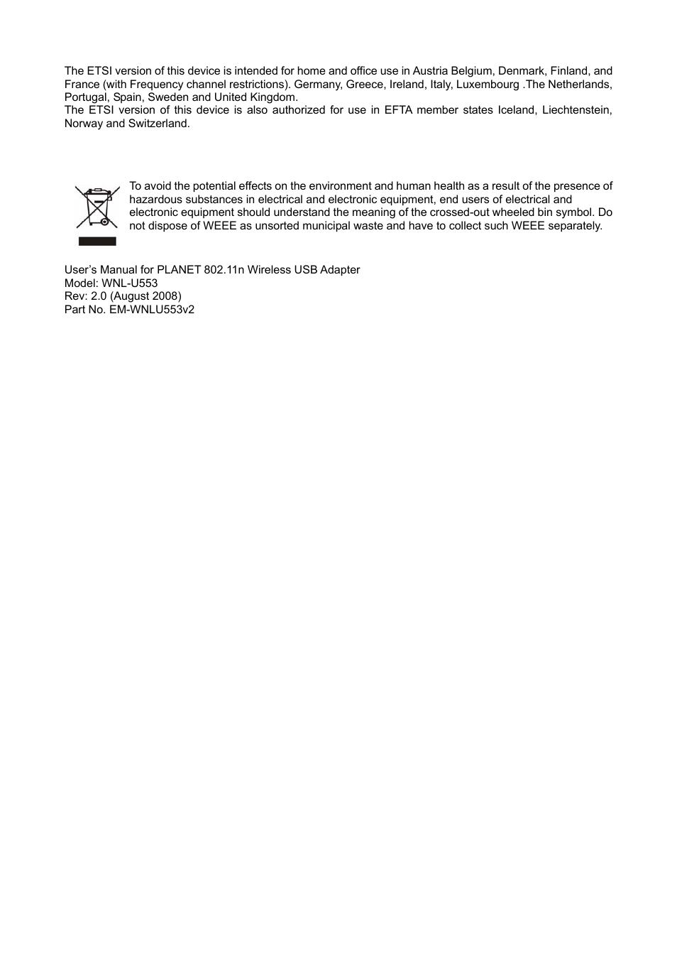 Weee regulation | Planet Technology Wireless USB Adapter WNL-U553 User Manual | Page 3 / 24