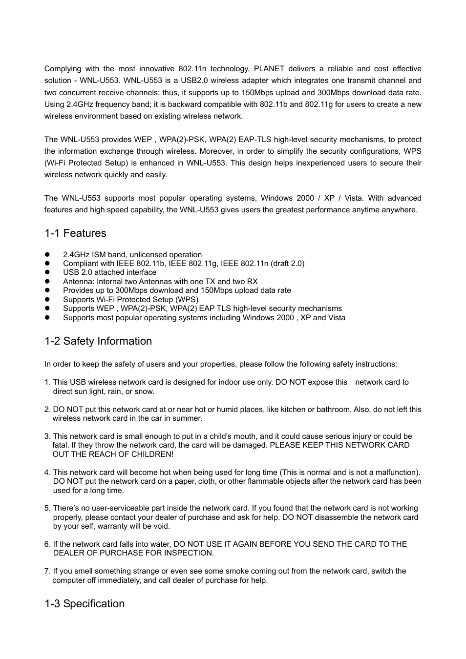 Chapter 1: introduction, Eatures, Afety | Nformation, Pecification, 1 features, 2 safety information, 3 specification | Planet Technology Wireless USB Adapter WNL-U553 User Manual | Page 5 / 24