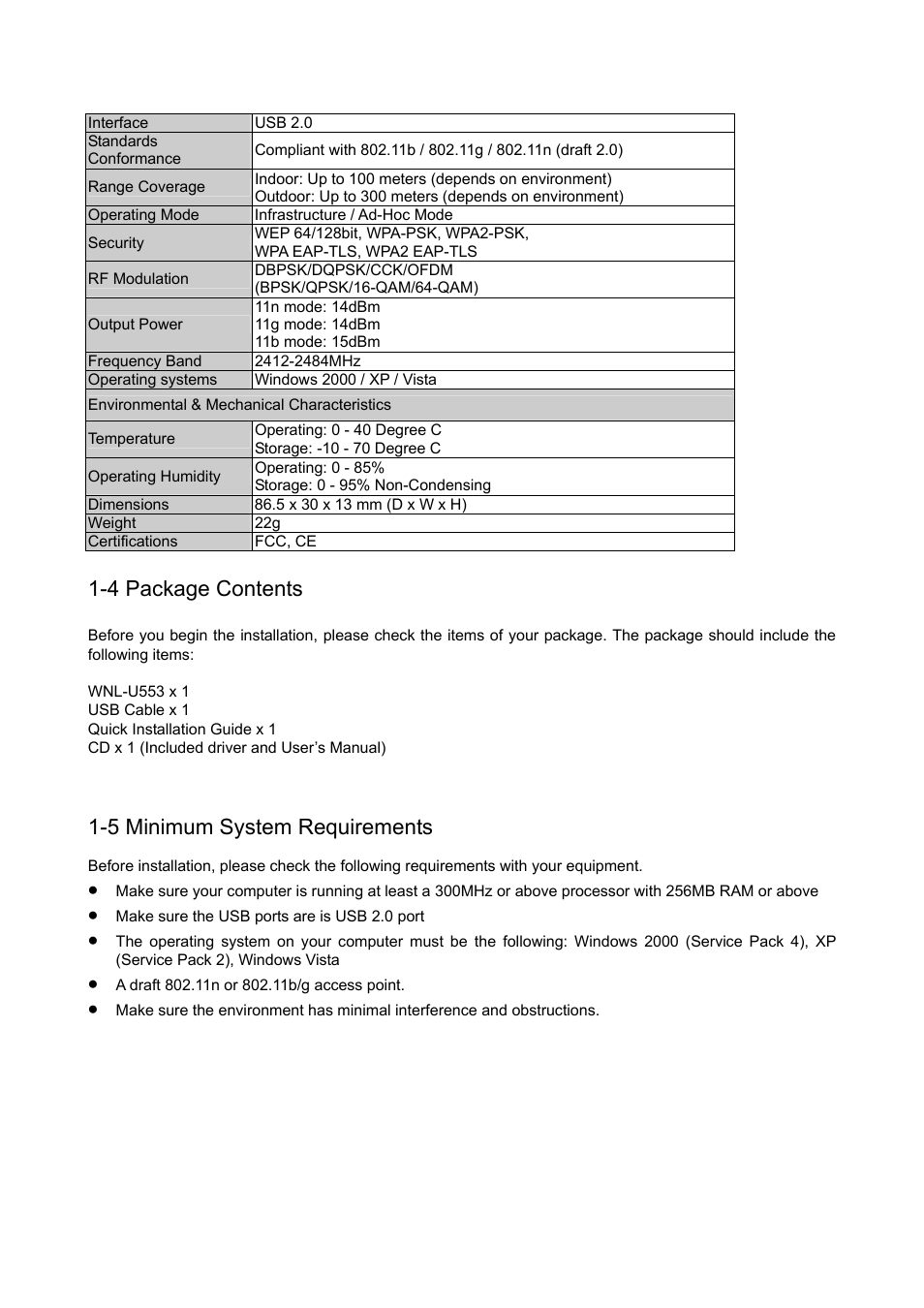 Ackage, Ontents, Inimum | Ystem, Equirements, 4 package contents, 5 minimum system requirements | Planet Technology Wireless USB Adapter WNL-U553 User Manual | Page 6 / 24