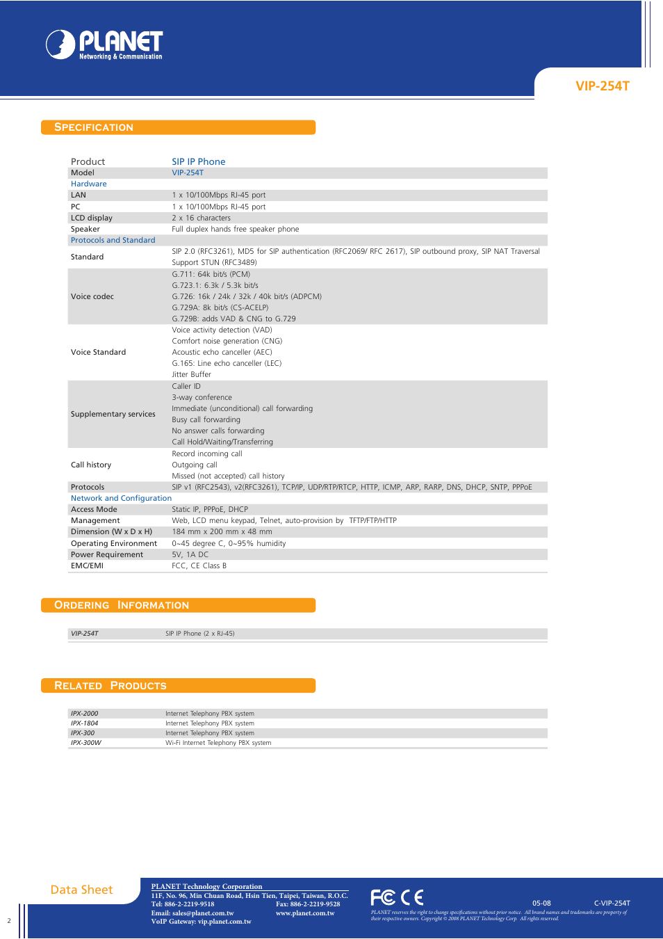 Vip-254t, Data sheet, Specification ordering information | Related products | Planet Technology VIP-254T User Manual | Page 2 / 2