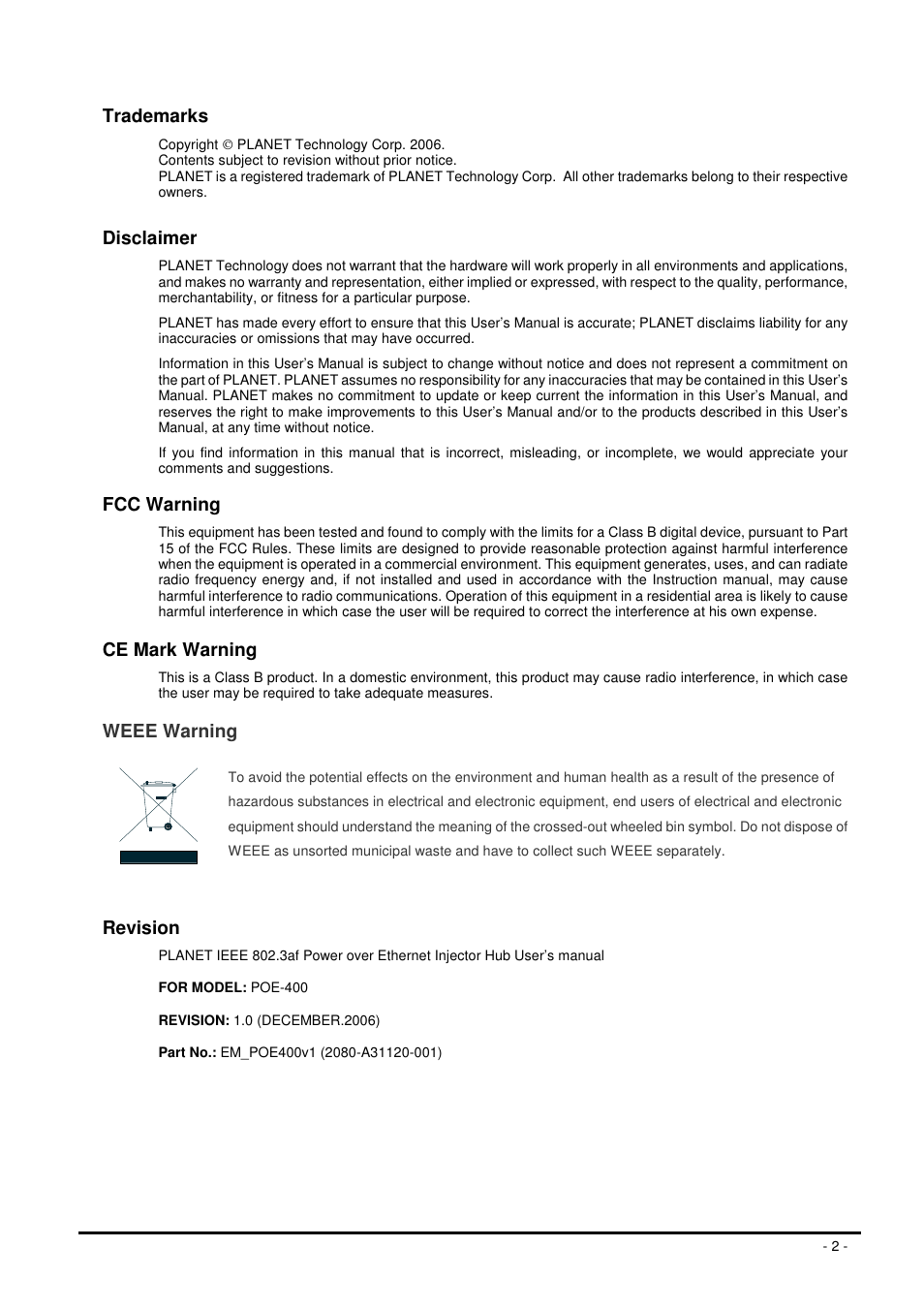 Trademarks, Disclaimer, Fcc warning | Ce mark warning, Weee warning, Revision | Planet Technology POE-400 User Manual | Page 2 / 9