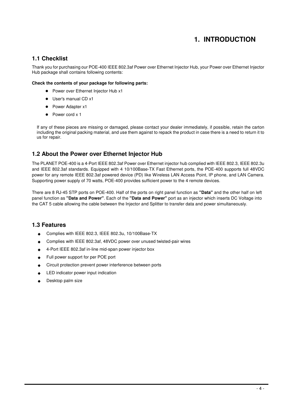 Introduction, 1 checklist, 2 about the power over ethernet injector hub | 3 features | Planet Technology POE-400 User Manual | Page 4 / 9