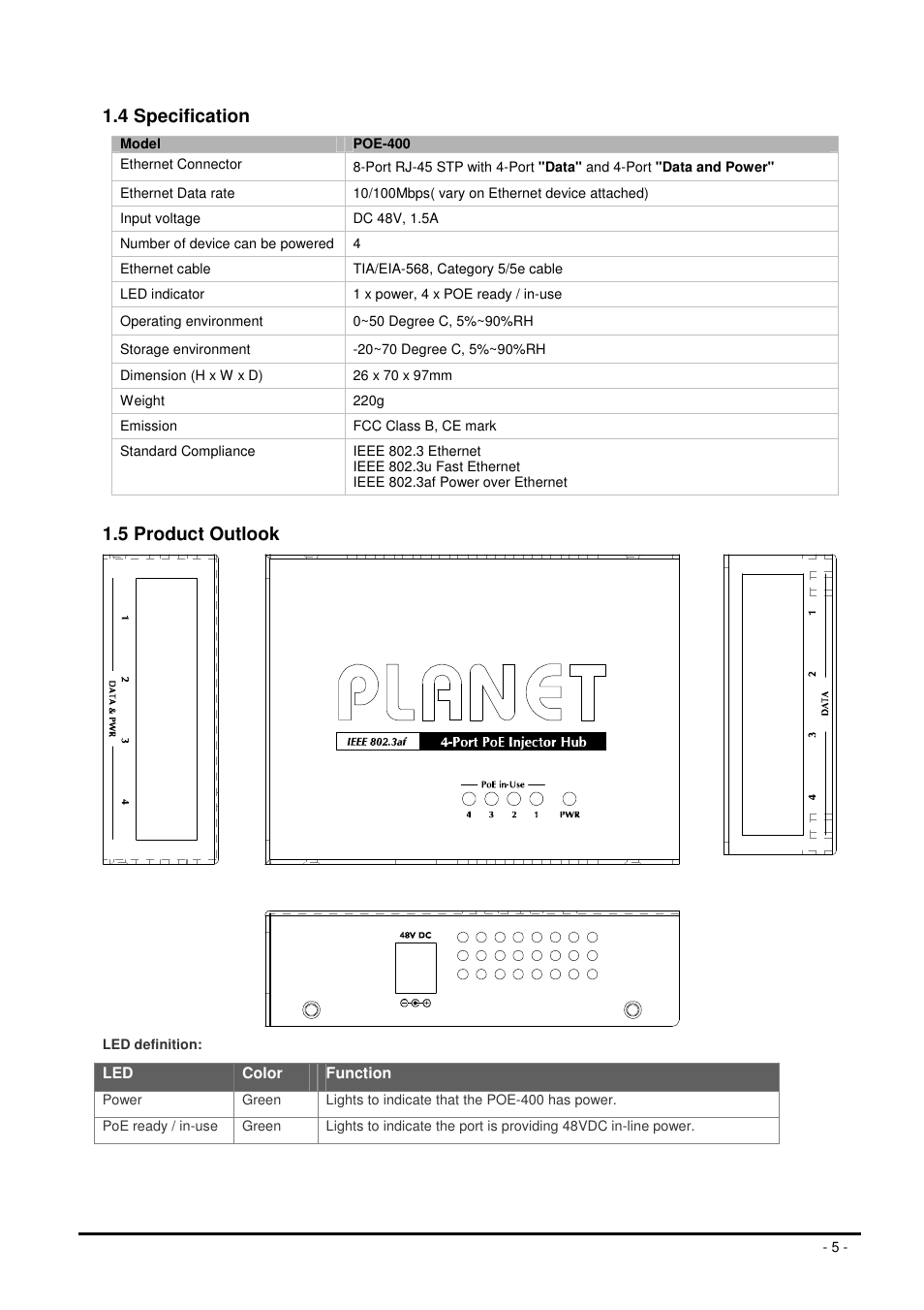 4 specification, 5 product outlook | Planet Technology POE-400 User Manual | Page 5 / 9