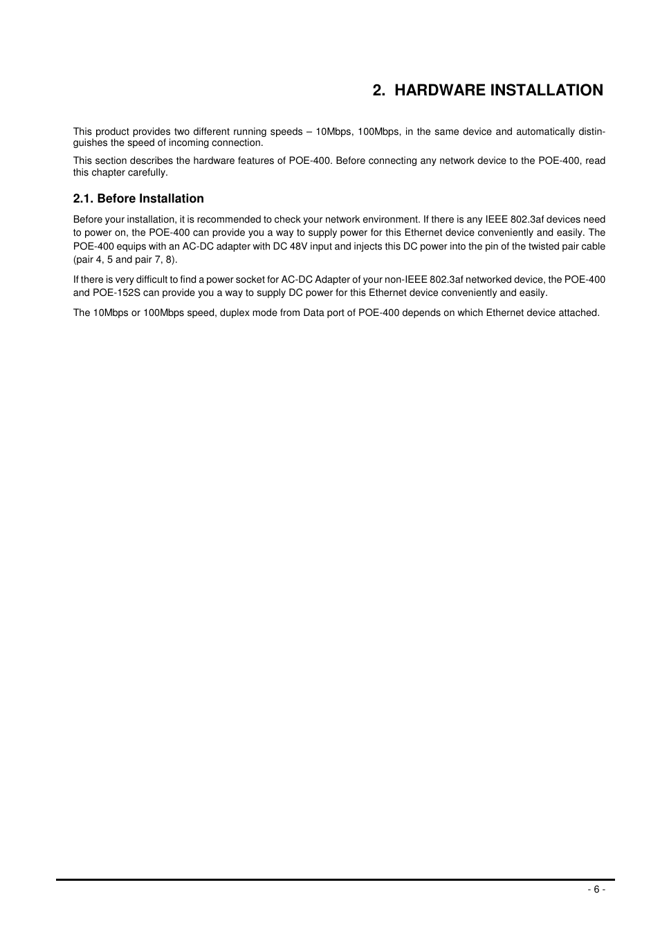Hardware installation | Planet Technology POE-400 User Manual | Page 6 / 9