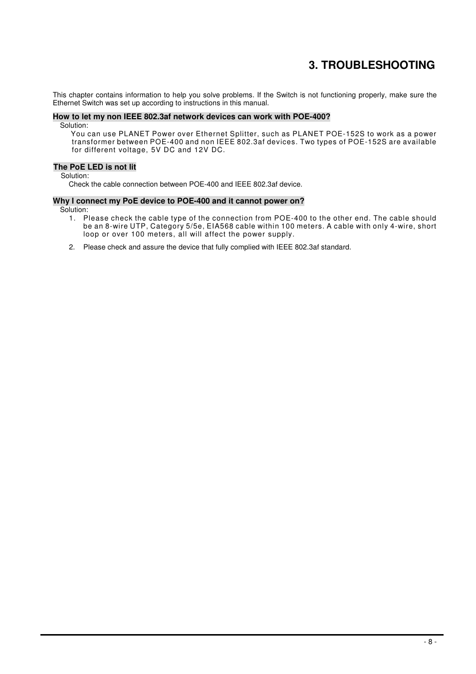 Troubleshooting | Planet Technology POE-400 User Manual | Page 8 / 9