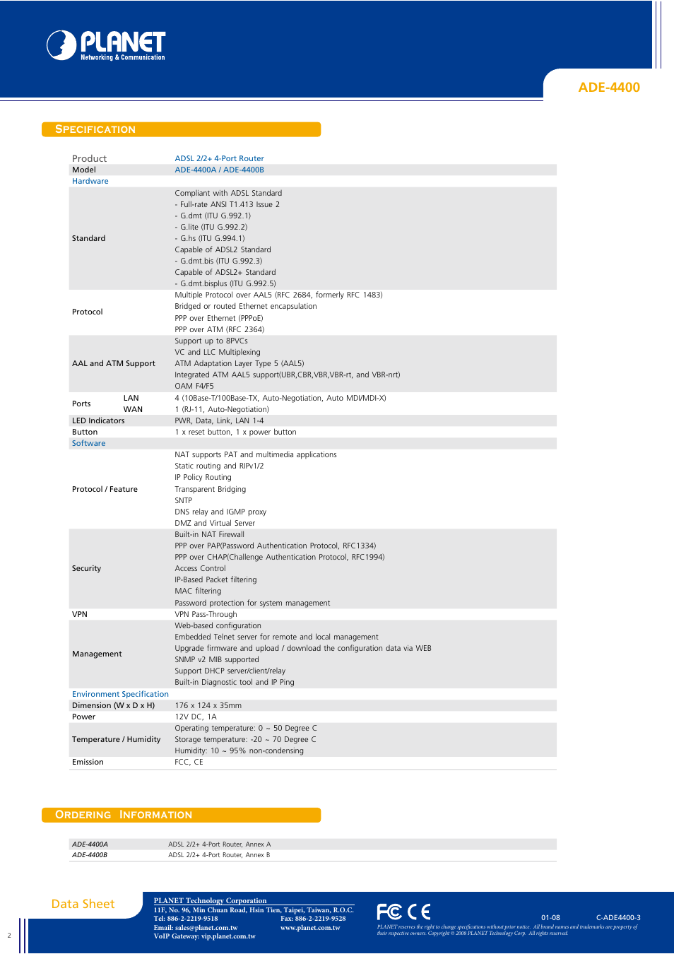 Ade-4400, Data sheet, Specification | Ordering information | Planet Technology ADE-4400 User Manual | Page 2 / 2