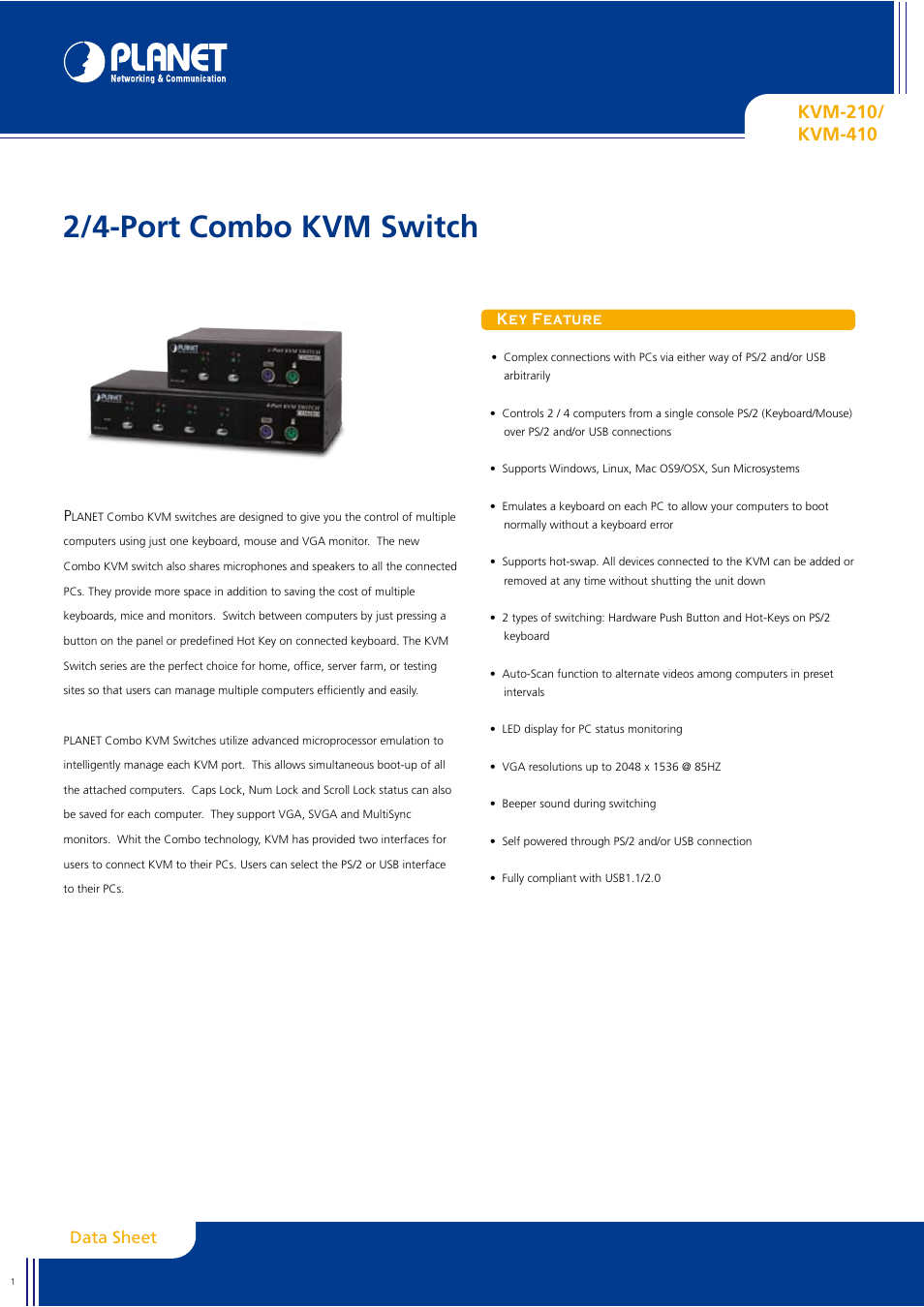 Planet Technology KVM-410 User Manual | 2 pages