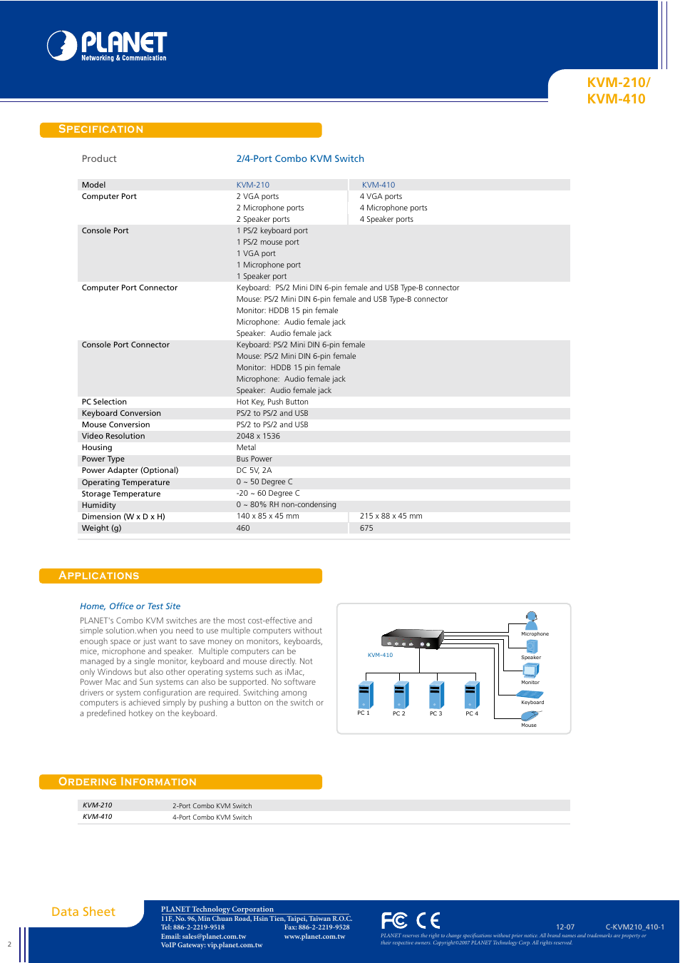 Specification applications ordering information, Data sheet | Planet Technology KVM-410 User Manual | Page 2 / 2