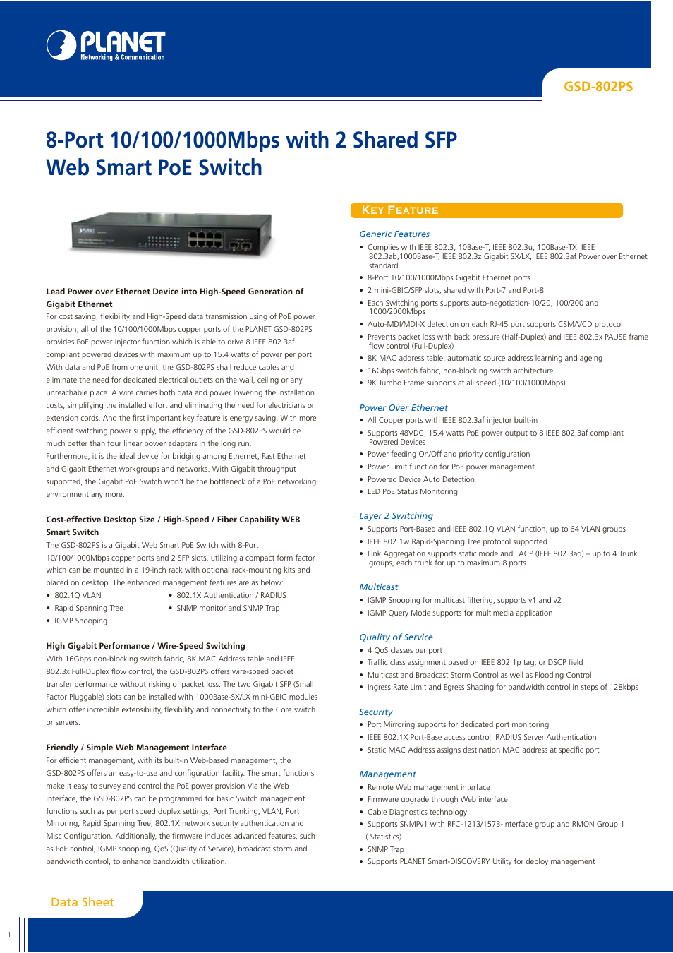 Planet Technology GSD-802PS User Manual | 3 pages