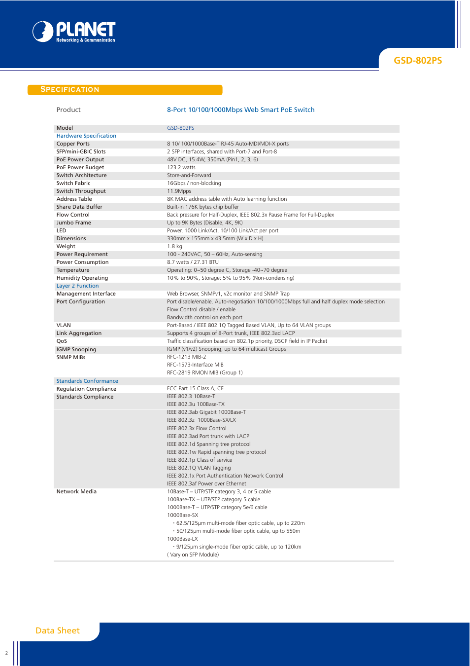 Gsd-802ps, Specification, Data sheet | Planet Technology GSD-802PS User Manual | Page 2 / 3