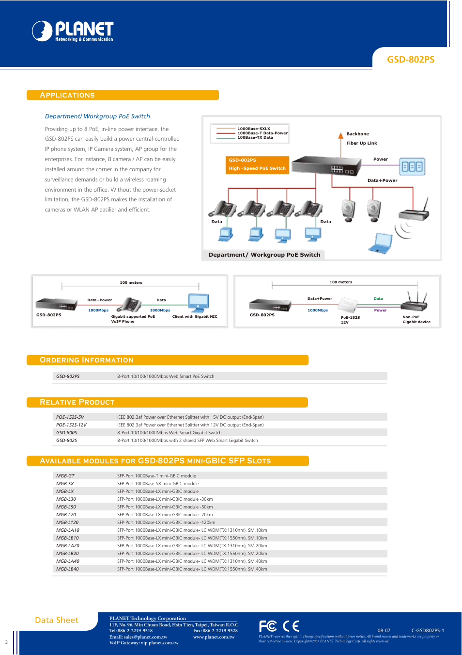 Gsd-802ps, Applications, Data sheet | Ordering information, Relative product | Planet Technology GSD-802PS User Manual | Page 3 / 3