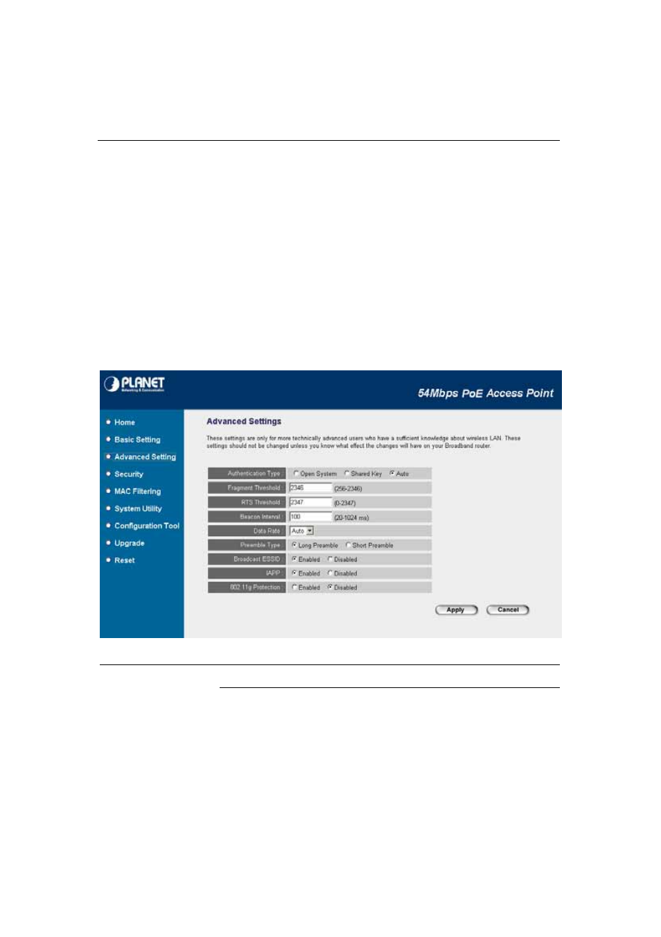 Advanced settings, 3 advanced settings, Parameter description | Planet Technology Network Device WAP-4033PE User Manual | Page 24 / 38