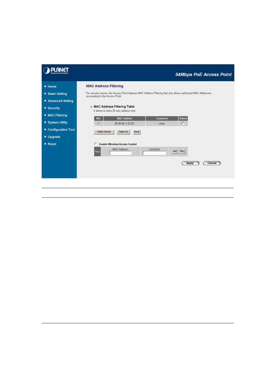 5 mac filtering, Mac filtering, Parameter description | Planet Technology Network Device WAP-4033PE User Manual | Page 31 / 38