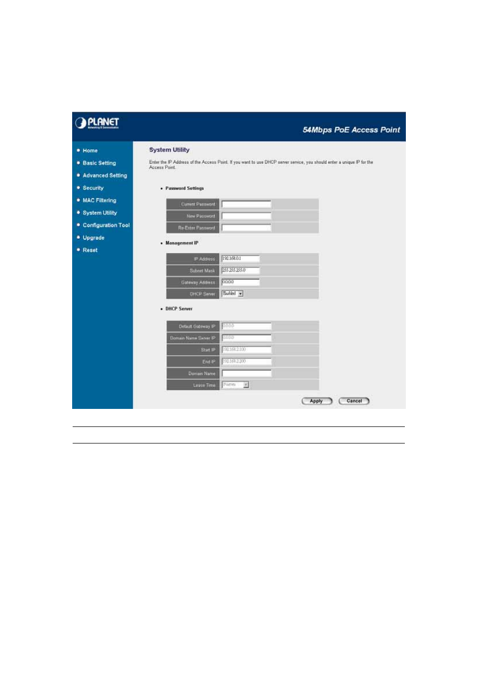 6 system utility, System utility, Parameter description | Planet Technology Network Device WAP-4033PE User Manual | Page 32 / 38