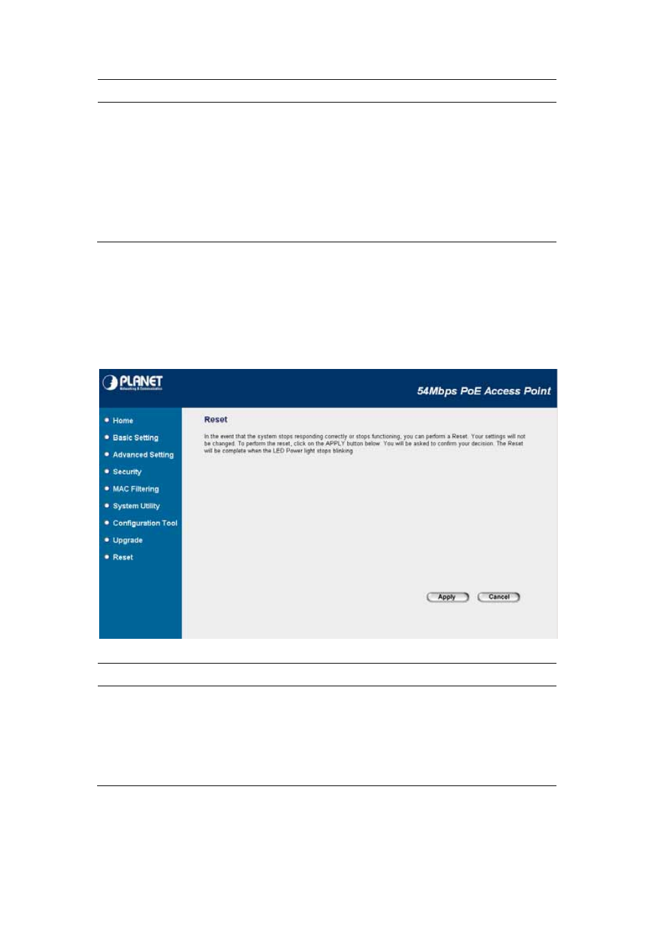 9 reset, Reset, Parameter description | Planet Technology Network Device WAP-4033PE User Manual | Page 35 / 38