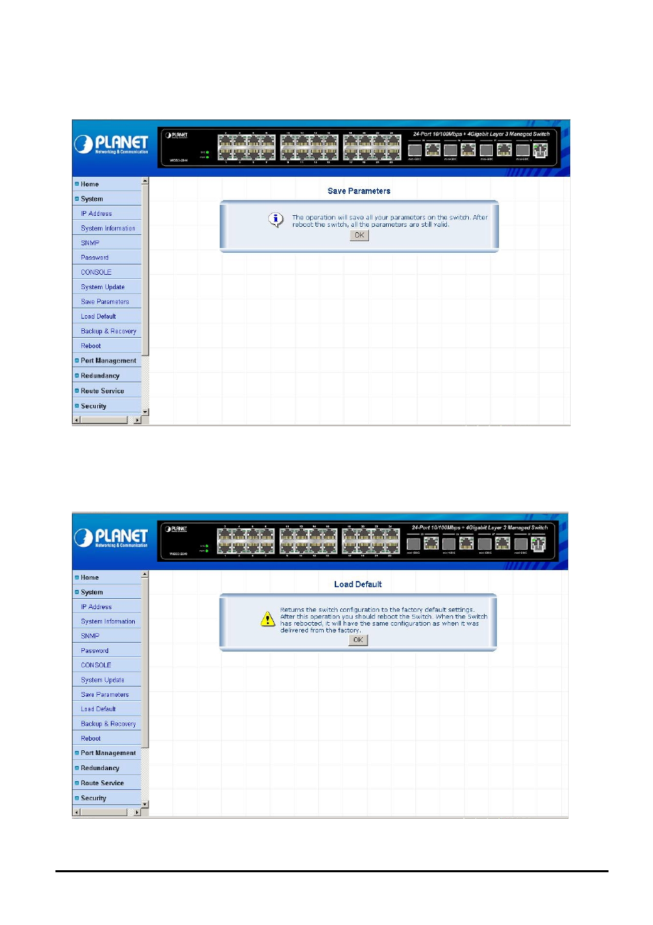 7 save parameters, 8 load default | Planet Technology WGS3-2840 User Manual | Page 26 / 76