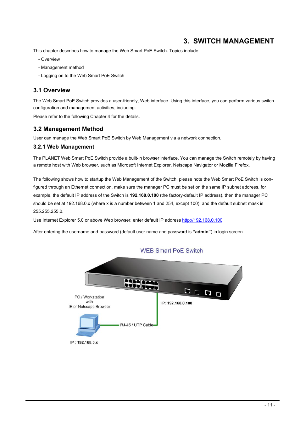 Switch management, 1 overview, 2 management method | 1 web management, Verview, Anagement, Ethod | Planet Technology FNSW-1608PS User Manual | Page 11 / 72