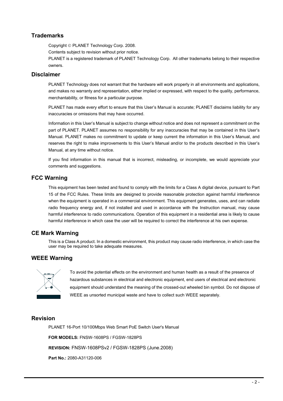 Revision, Trademarks, Disclaimer | Fcc warning, Ce mark warning, Weee warning | Planet Technology FNSW-1608PS User Manual | Page 2 / 72