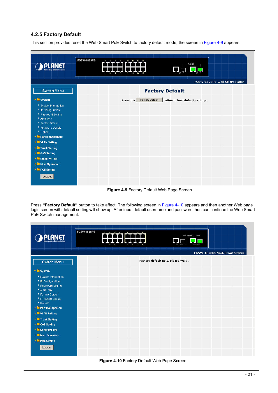 5 factory default | Planet Technology FNSW-1608PS User Manual | Page 21 / 72