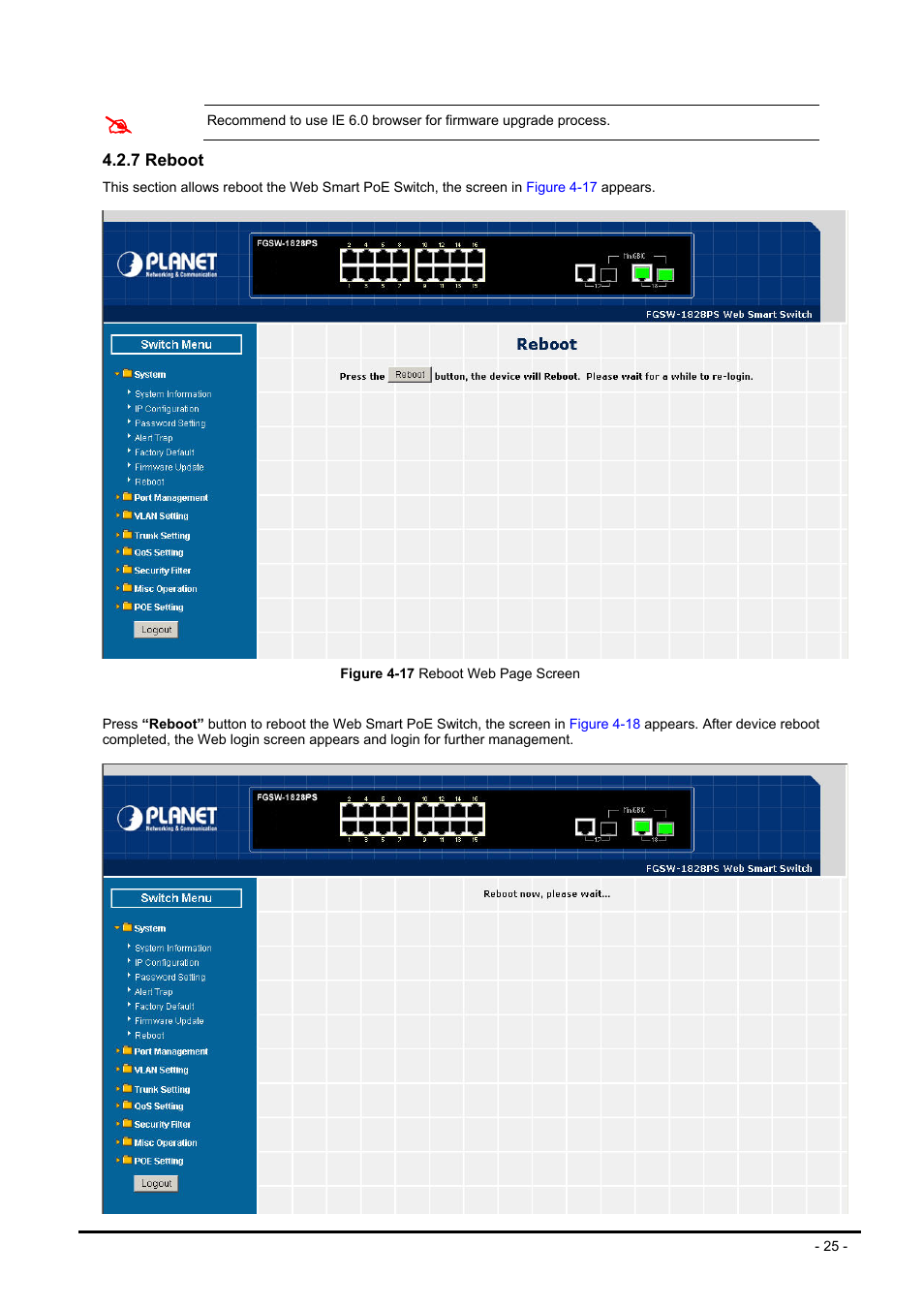 7 reboot | Planet Technology FNSW-1608PS User Manual | Page 25 / 72