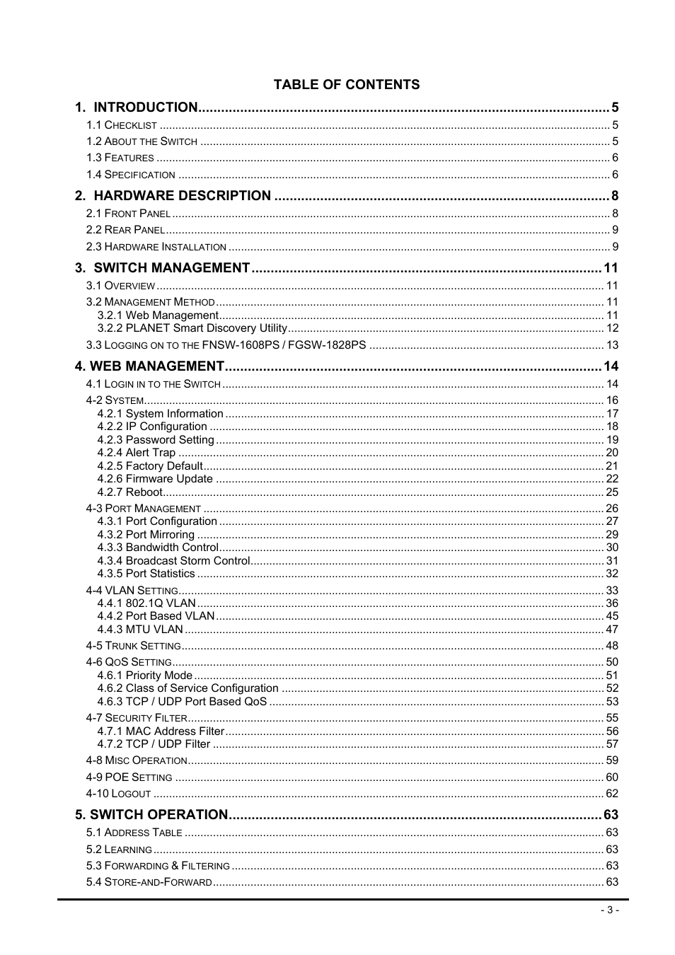 Table of contents 1. introduction, Hardware description, Switch management | Web management, Switch operation | Planet Technology FNSW-1608PS User Manual | Page 3 / 72