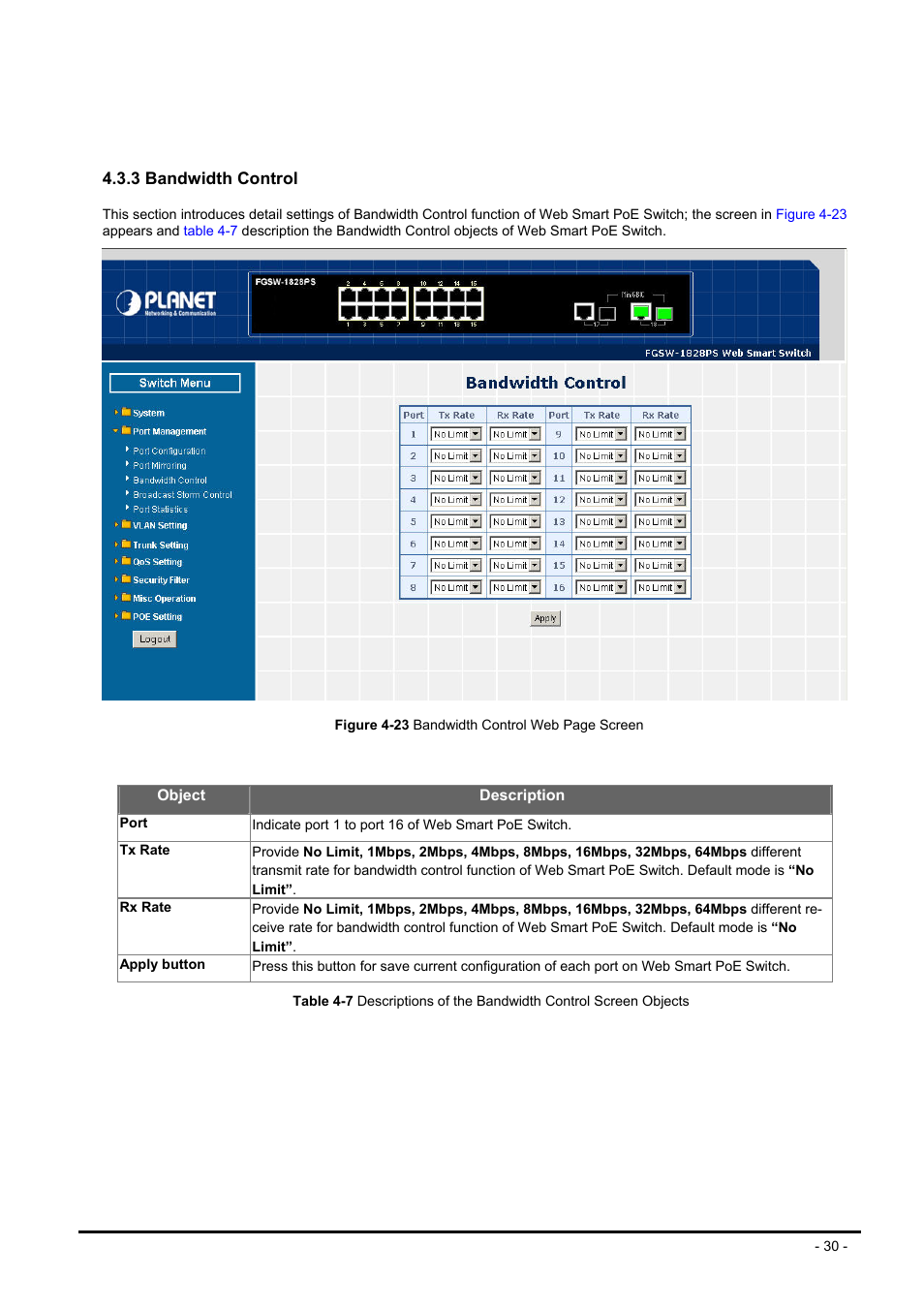 3 bandwidth control | Planet Technology FNSW-1608PS User Manual | Page 30 / 72