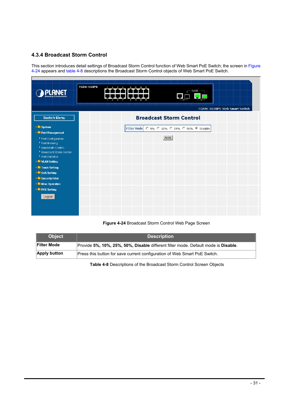 4 broadcast storm control | Planet Technology FNSW-1608PS User Manual | Page 31 / 72