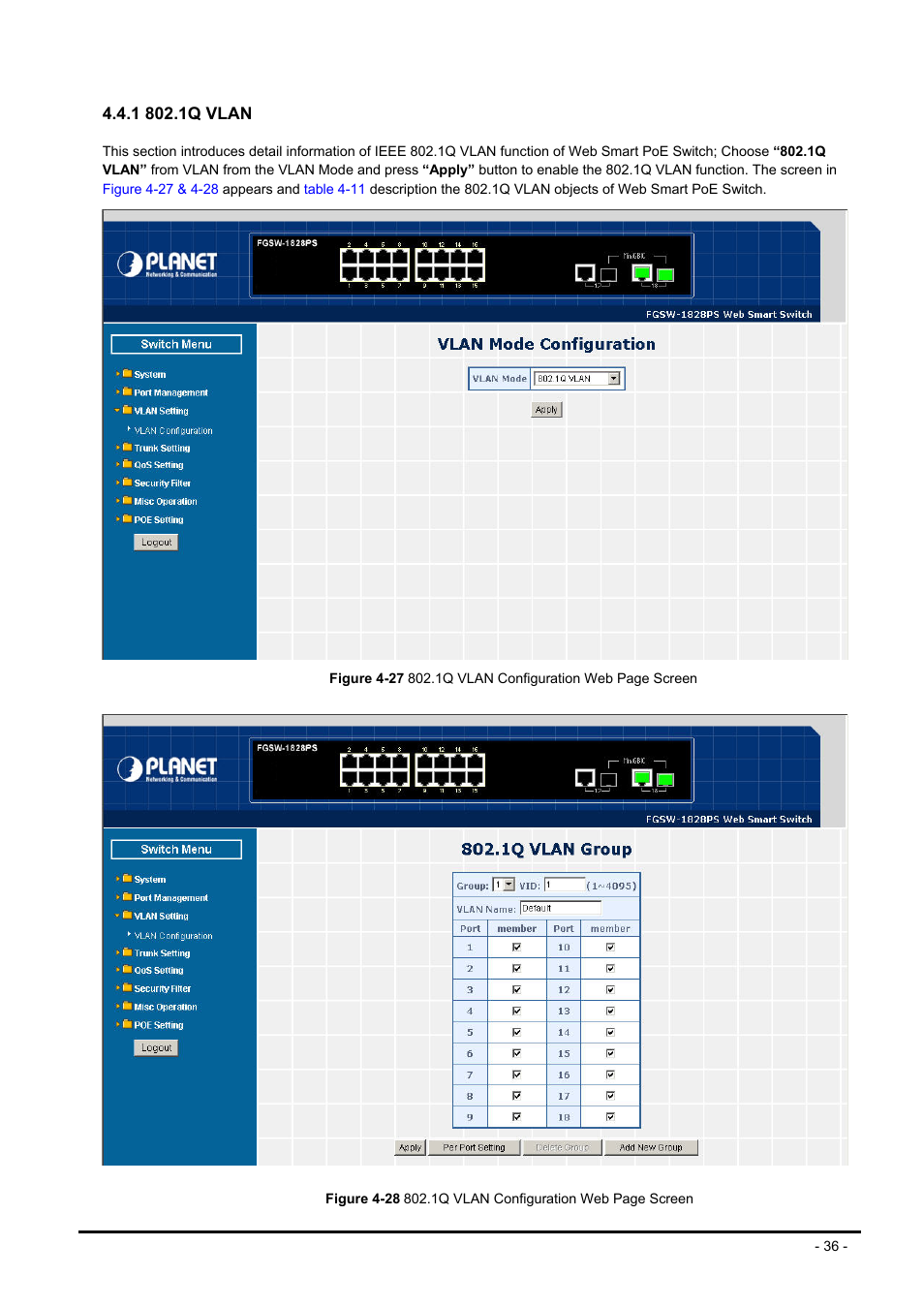 1 802.1q vlan | Planet Technology FNSW-1608PS User Manual | Page 36 / 72