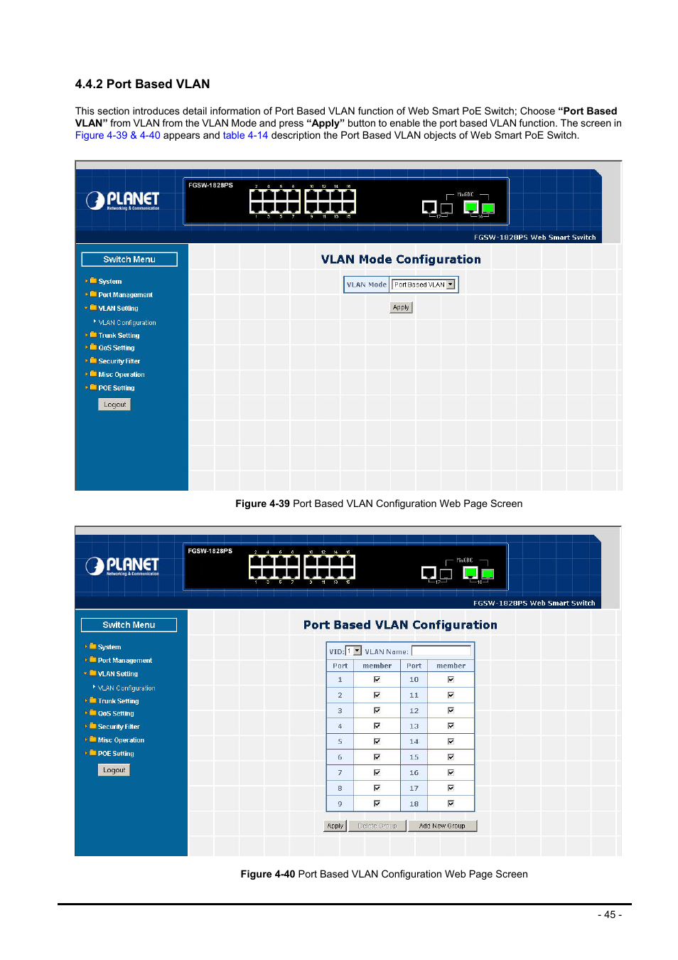 2 port based vlan | Planet Technology FNSW-1608PS User Manual | Page 45 / 72