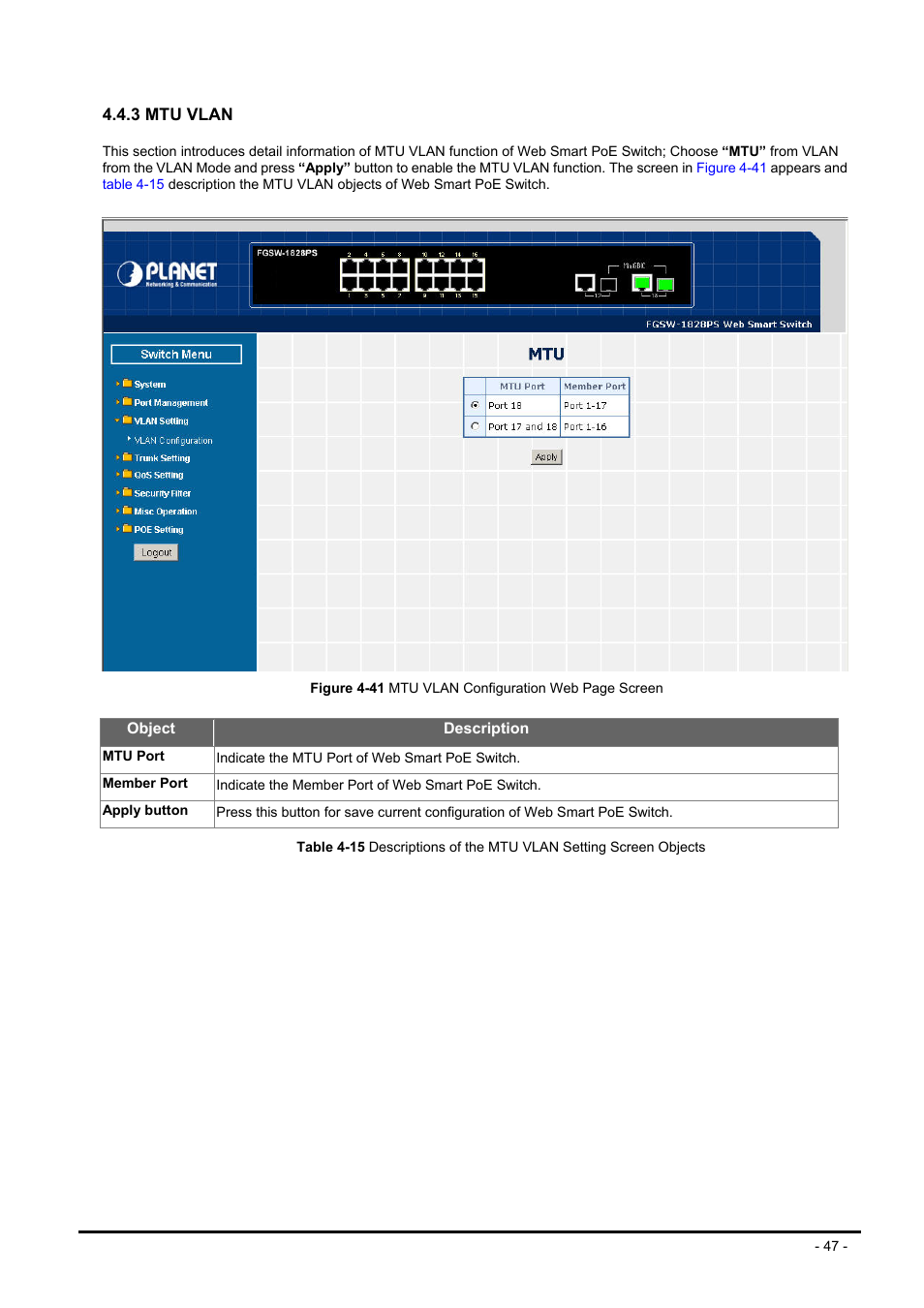 3 mtu vlan | Planet Technology FNSW-1608PS User Manual | Page 47 / 72