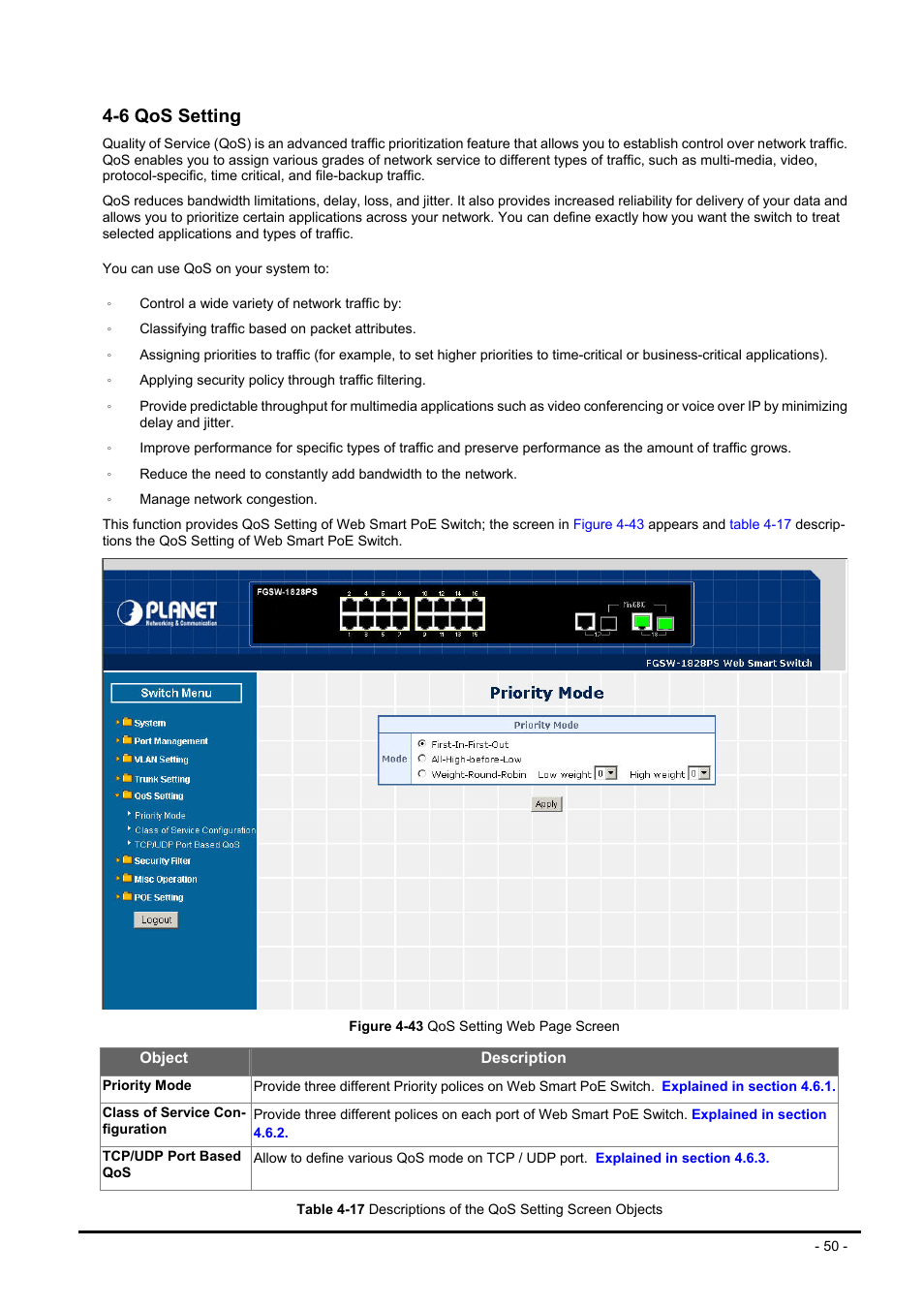 6 qos setting, Etting | Planet Technology FNSW-1608PS User Manual | Page 50 / 72