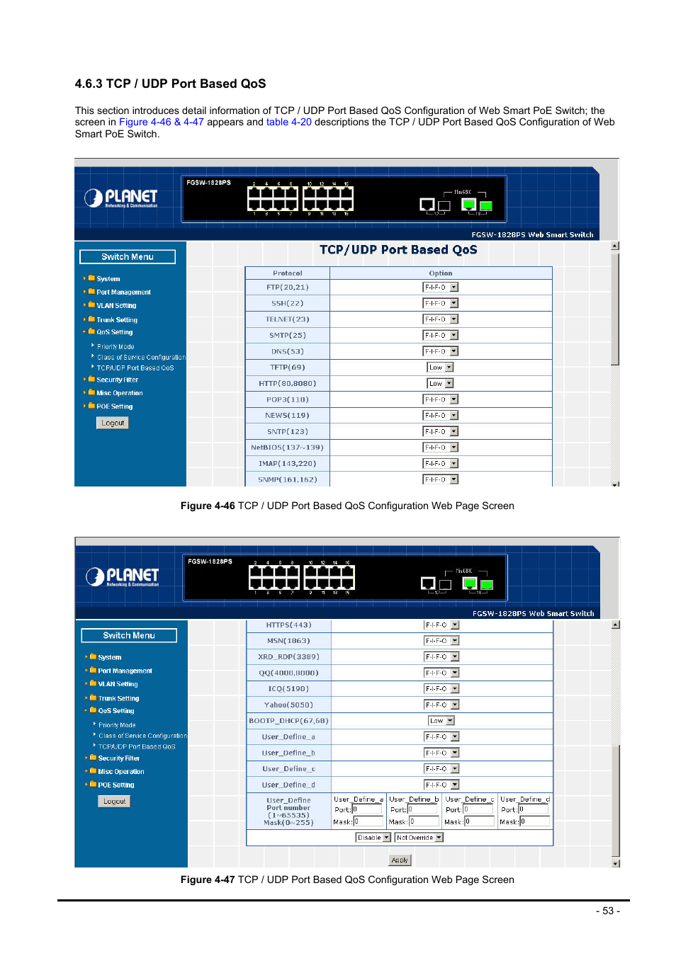 3 tcp / udp port based qos | Planet Technology FNSW-1608PS User Manual | Page 53 / 72