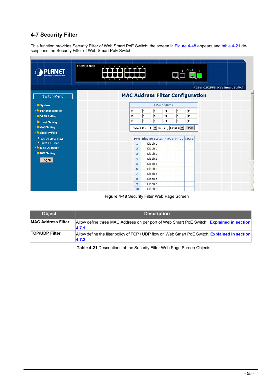 7 security filter, Ecurity, Ilter | Planet Technology FNSW-1608PS User Manual | Page 55 / 72