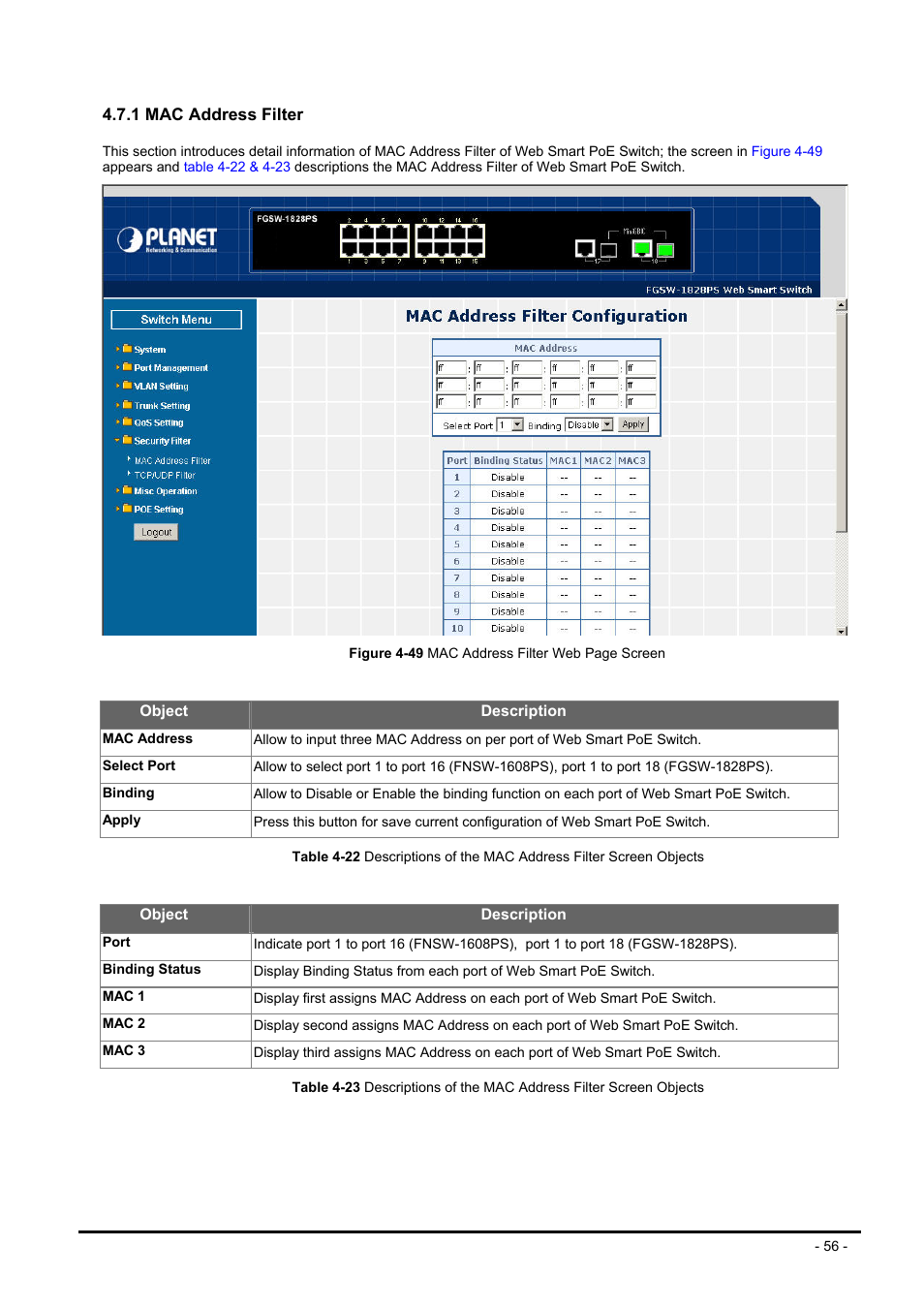 1 mac address filter | Planet Technology FNSW-1608PS User Manual | Page 56 / 72