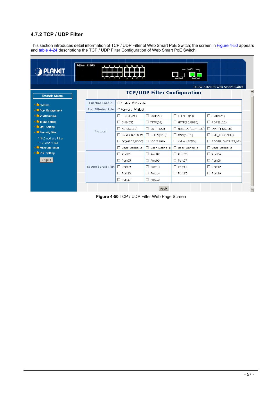 2 tcp / udp filter | Planet Technology FNSW-1608PS User Manual | Page 57 / 72