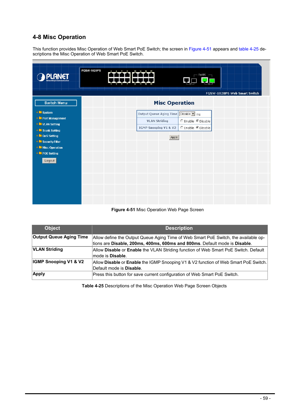 8 misc operation, Peration | Planet Technology FNSW-1608PS User Manual | Page 59 / 72