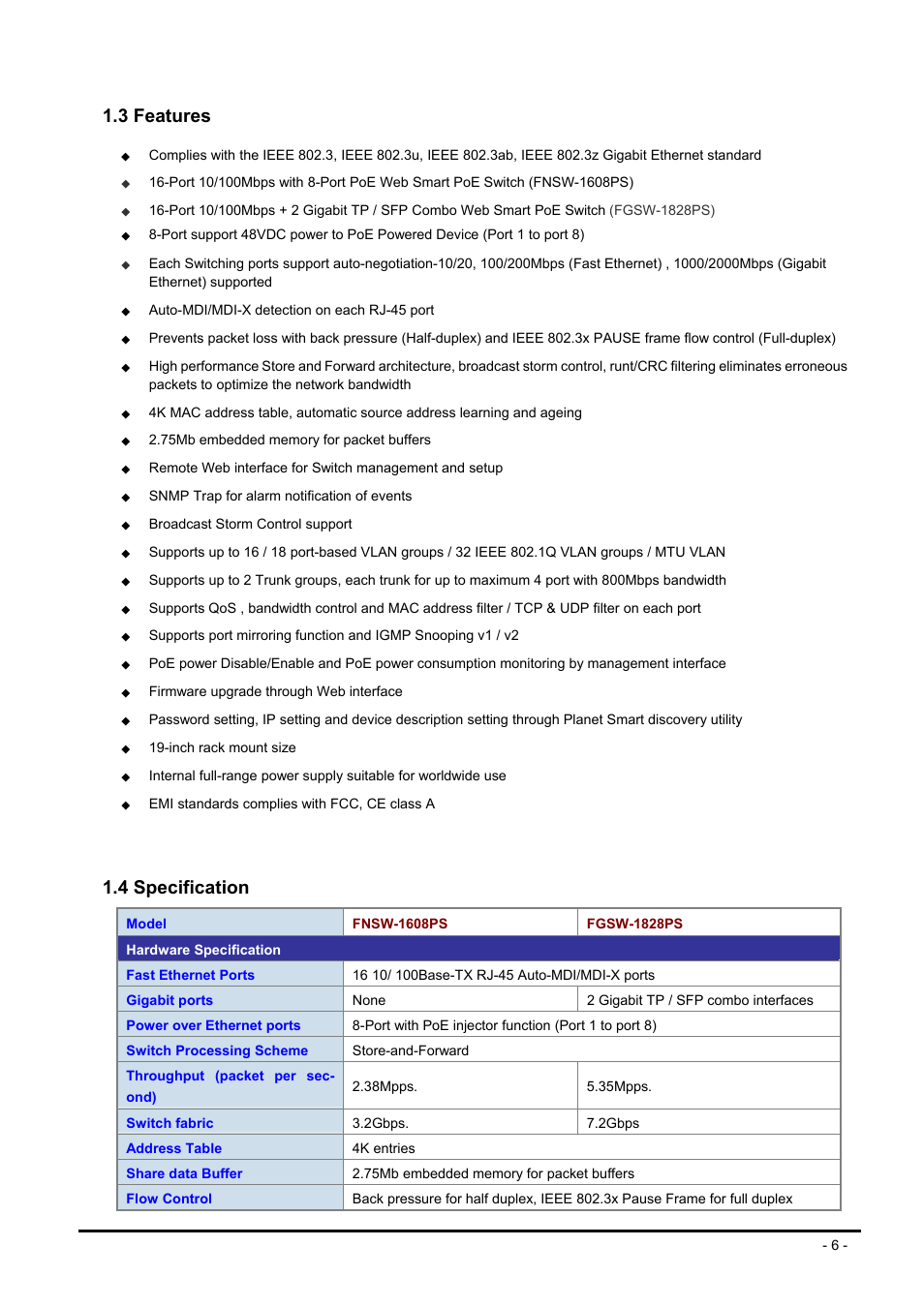 3 features, 4 specification, Eatures | Pecification | Planet Technology FNSW-1608PS User Manual | Page 6 / 72