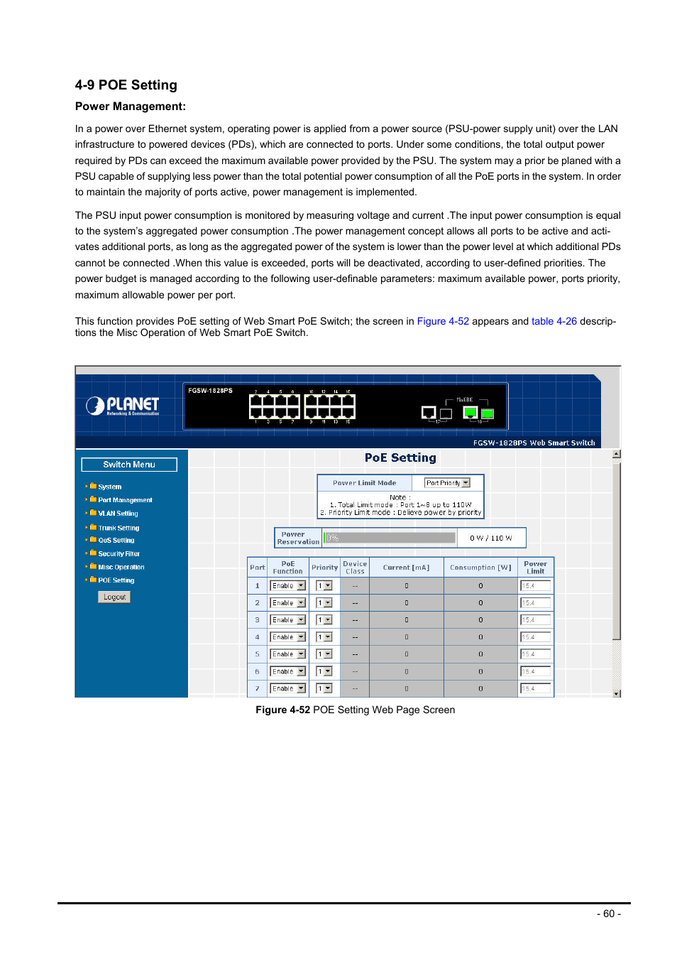 9 poe setting, Etting | Planet Technology FNSW-1608PS User Manual | Page 60 / 72
