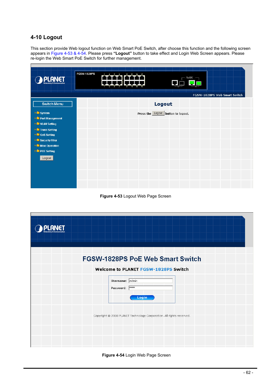 10 logout, Ogout | Planet Technology FNSW-1608PS User Manual | Page 62 / 72