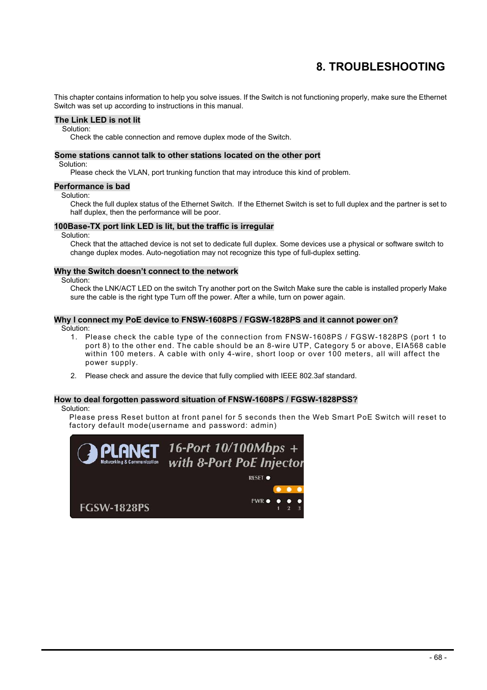 Troubleshooting | Planet Technology FNSW-1608PS User Manual | Page 68 / 72