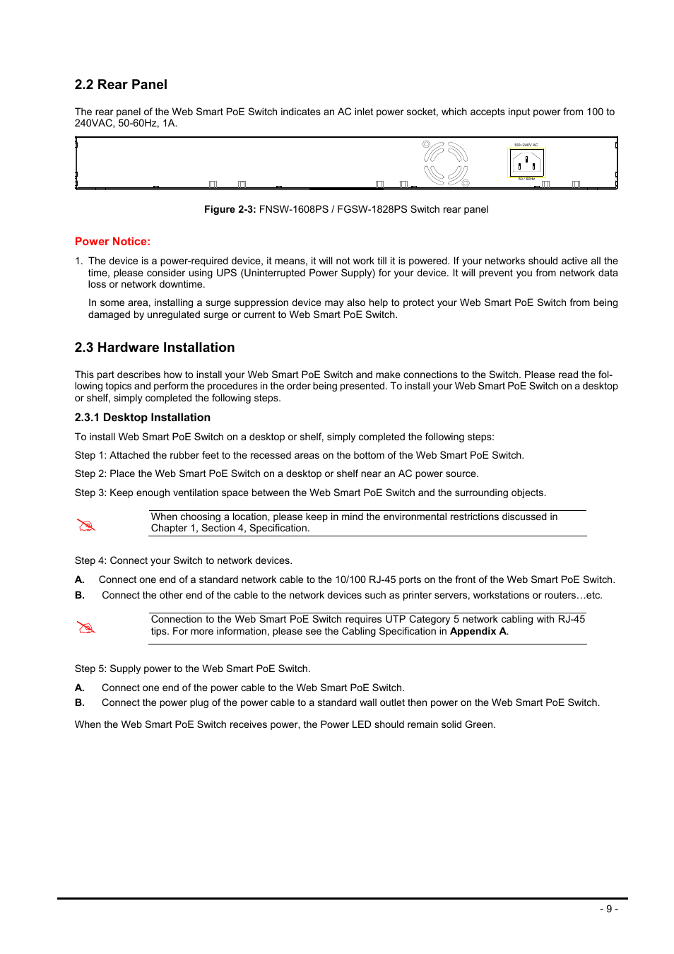 2 rear panel, 3 hardware installation, Anel | Ardware, Nstallation | Planet Technology FNSW-1608PS User Manual | Page 9 / 72