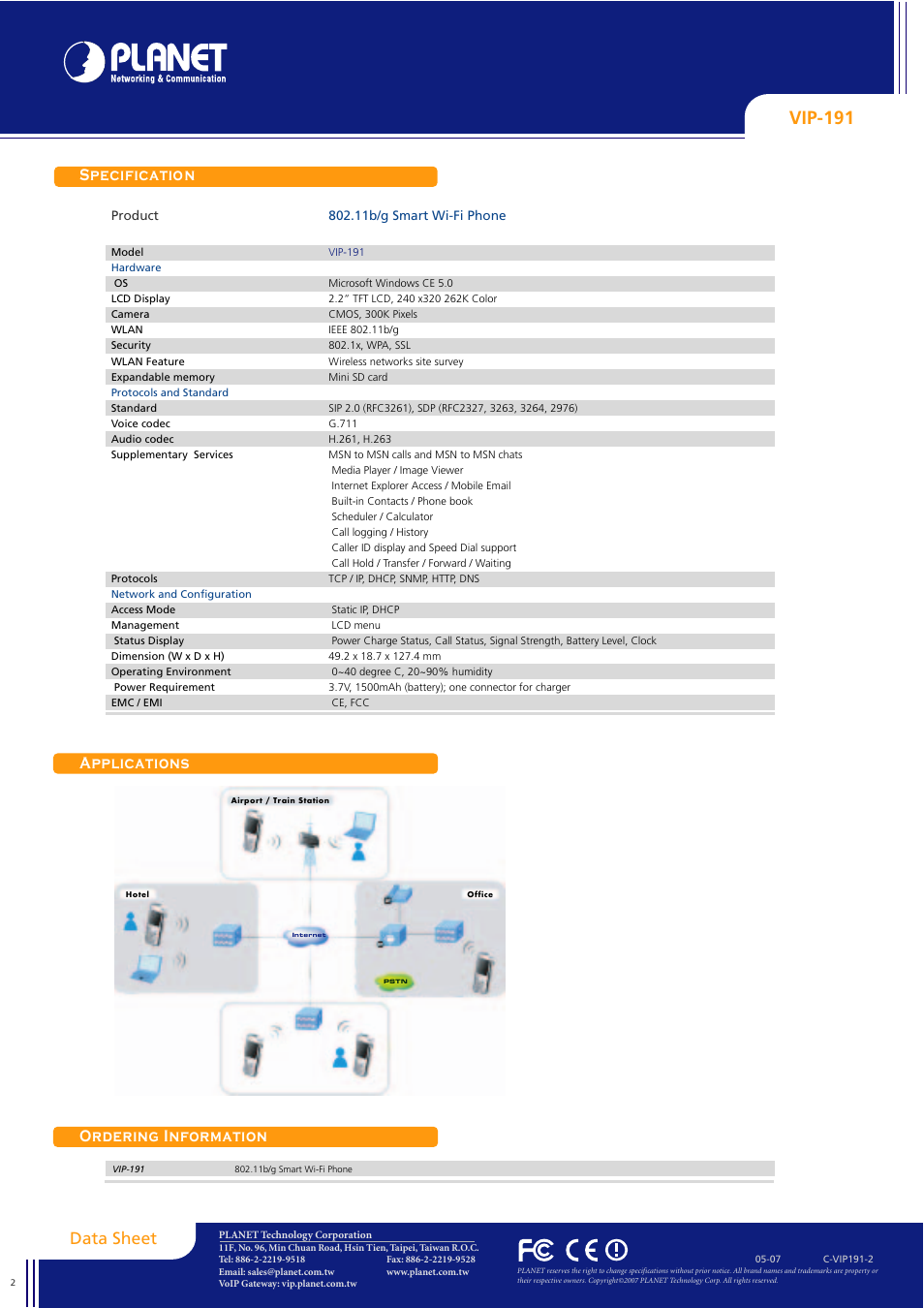 Vip-191, Specification applications ordering information, Data sheet | Planet Technology VIP-191 User Manual | Page 2 / 2