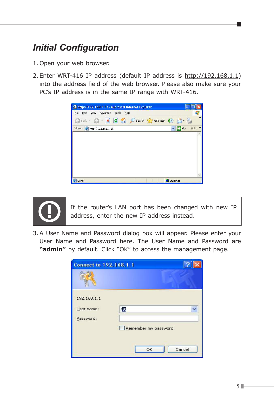 Initial configuration | Planet Technology WRT-416 User Manual | Page 5 / 8