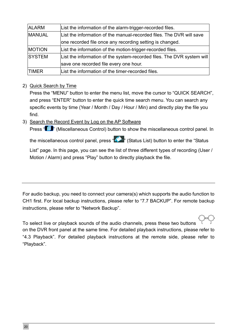 7 audio backup and playback, 7 back, Audio backup and play | Planet Technology DVR-460 User Manual | Page 20 / 83