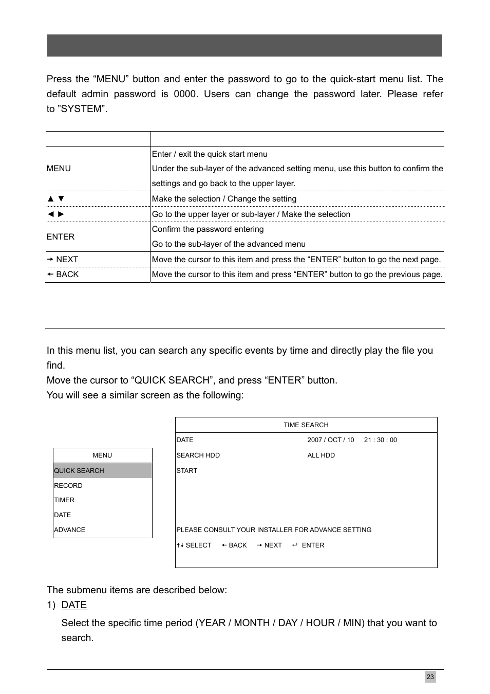 Quick start menu, 1 quick search | Planet Technology DVR-460 User Manual | Page 23 / 83