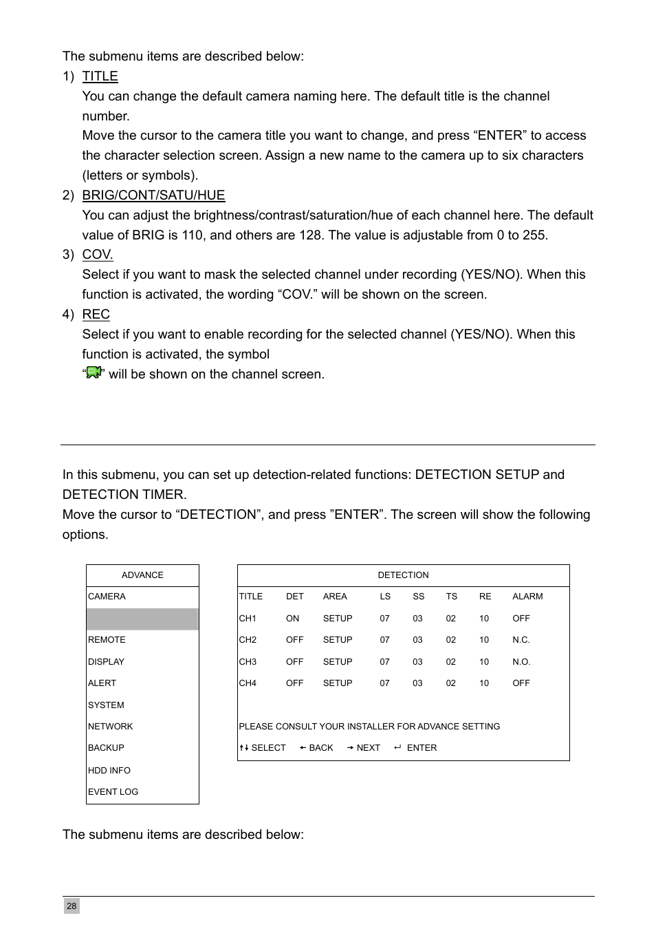 2 detection, The submenu items are described below | Planet Technology DVR-460 User Manual | Page 28 / 83
