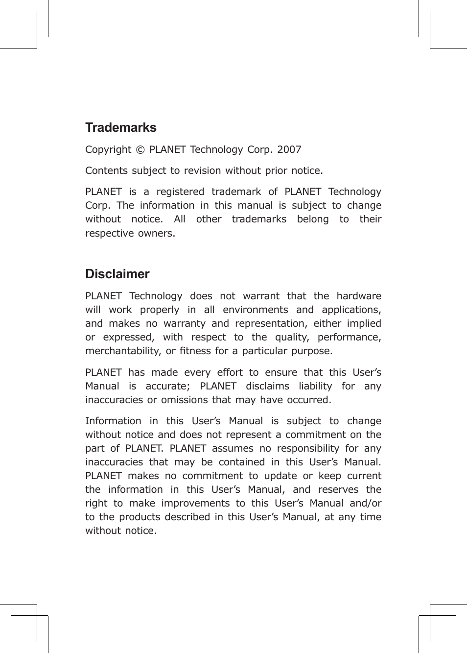 Trademarks, Disclaimer | Planet Technology GT-80X User Manual | Page 2 / 25